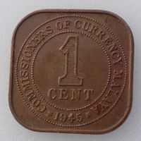 Малайя, 1 цент 1945 года, британская колония, Георг VI , квадрат 20 х 20 мм, м.д. Бомбей
