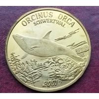 Северная Корея 1 вона, 2001 Киты - Косатка (Orcinus orca) /латунь, жёлтый цвет/