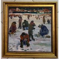 Меренков М.А "На рыбалке", 1979г. Картон, масло. Размер 35х36 см.