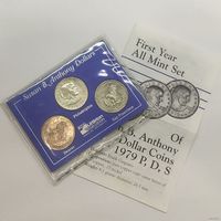1 доллар 1979 год (2 шт) и 1980 год (1 шт) Сьюзен Энтони США UNC (В лоте три монеты)