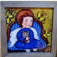 Плитка-панно (принт) "Девочка с котом", 17х17см с рамой