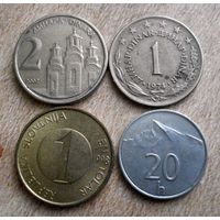 Словения, Словакия, Югославия. 4 монеты 1974-2002 г.
