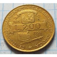 Италия 200 лир, 1996 100 лет Академии таможенной службы        ( 3-6-2 )