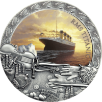 RARE Ниуэ 5 долларов 2020г. "Великие кораблекрушения в истории: Корабль Титаник". Монета в капсуле; деревянном подарочном футляре; сертификат; коробка. СЕРЕБРО 62,20гр.(2 oz).
