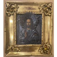 Икона Господь Вседержитель, 19 век, оклад серебро 84 пробы, сусальная рамка, дарственная надпись, оригинал
