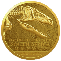 RARE ЮАР 5 рэндов 2018г. "Динозавр Эупаркерия". PROOF. Монета в капсуле; подарочном футляре; сертификат; коробка. ЗОЛОТО 1,555гр.(1/20 oz).