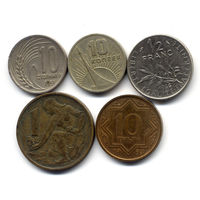 Лот: 10 стотинок 1951, 1 крона 1964, 10 копеек 1967, 1/2 франка 1966, 10 тиын 1993 гг. Всего 5 шт.