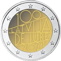 2 евро 2021 Латвия 100-летие международного признания Латвии де-юре UNC из ролла