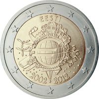 2 евро Эстония 2012 10 ЛЕТ НАЛИЧНОМУ ОБРАЩЕНИЮ ЕВРО UNC из ролла