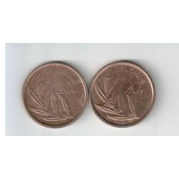 20 франков 1980 года Бельгии (надпись  BELGIQUE)на фото слева