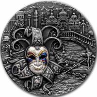 Ниуэ 5 долларов 2022г. "Венецианская маска". Монета в капсуле; подарочной рамке - футляре; сертификат; коробка. СЕРЕБРО 62,20гр.(2 oz).