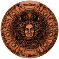 Ниуэ 5 долларов 2021г. "Щит Афины с медным покрытием". Монета в капсуле; деревянном подарочном футляре; номерной сертификат; коробка. СЕРЕБРО 62,20гр.(2 oz).