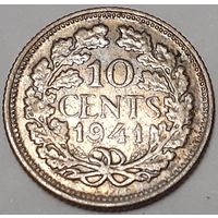 Нидерланды 10 центов, 1941 Портрет на аверсе /Серебро/ (1-1-4)
