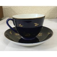 Чашка с блюдцем (чайная пара) Золотые Цветы. ЛФЗ, СССР
