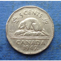 Канада 5 центов 1947 с кленовым листом рядом с датой