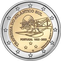 2 евро 2022 Португалия 100-летие первого южноатлантического воздушного перехода UNC из ролла