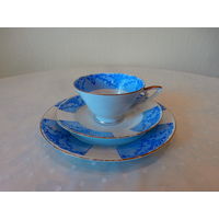 Трио чашка блюдце тарелка China blau фарфор тиснение Bareuther Bavaria Германия середина ХХ века.