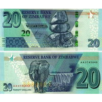Зимбабве 20 долларов 2020 год UNC