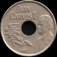Испания 25 песет 1991 г. (король Хуан Карлос) КМ 851 (13-12)