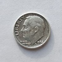 10 центов (дайм Франклина Рузвельта) США 1962 года, серебро 900 пробы. 20