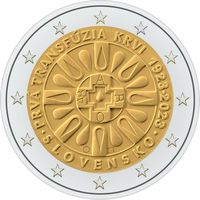 2 евро Словакия 2023 100 лет Первое переливание крови  UNC из ролла