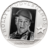 Острова Кука 5 долларов 2010г. "Легенды Голливуда: Джон Уэйн (John Wayne)". Монета в капсуле; сертификат. СЕРЕБРО 25гр.