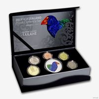 Новая Зеландия набор Proof 5 монет + 1 доллар 2019г. "Птица Такахе". Монеты в капсулах; подарочном футляре; сертификат; коробка. СЕРЕБРО 31,10гр.(1 oz).