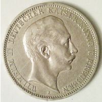 ГЕРМАНИЯ ПРУССИЯ 3 марки 1909 год "ВИЛЬГЕЛЬМ II" (серебро)