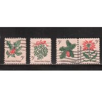 США-1964, (Мих.869-872) , гаш. , Рождество, Флора, Цветы(полная серия ),