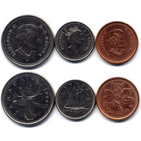 Лот из 3 монет - 25 центов 2004, 10 центов 1991, 1 цент 2005, Канада