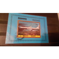 Транспорт, авиация, самолеты, воздушный флот, марки, Манама, 1972, блок
