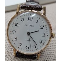 Часы "Sekonda-Костюмные" ультратонкие,не ношеные,Золочение +кожаный ремешок в комплекте старт с 10 рублей!!