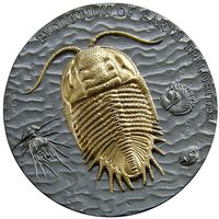 RARE Ниуэ 2 доллара 2016г. "Эволюция Земли: Трилобит". Монета в капсуле; деревянном подарочном футляре; сертификат; коробка. СЕРЕБРО 62,27гр.(2 oz).