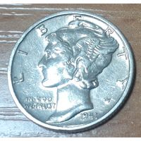 США 1 дайм, 1941 Mercury Dime Без отметки монетного двора (14-18-29)