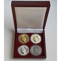 Ушастая сова, 10 рублей 2015, серебро, подарочный набор из 4 монет и деревянного футляра