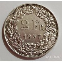 2 франка 1957г. 835 пр., Швейцария.