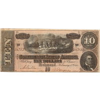 США, Конфедерация, Ричмонд, 10 долларов, 1864 г. Серия D. Не частые!