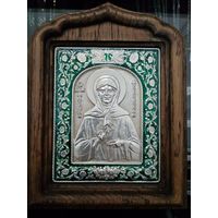 Икона "святая блаженная матрёна Московская", эмаль, серебрение, киот дуб. 16х13см