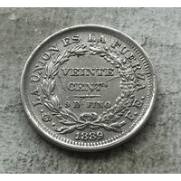 Боливия 20 сентаво 1889 серебро - нечастая + брак (раскол штемпеля)