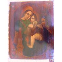 Икона 19 век, - дерево/масло: "Мадонна с Младенцем", - в стиле эпохи возрождения под Мадонну Рафаэля; После реставрации!