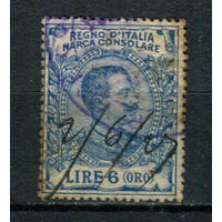Королевство Италия - 1924 - Консульская фискальная марка - Виктор Эммануил III - 6L - 1 марка. Гашеная.  (Лот 36BH)