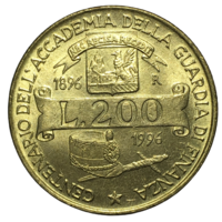 Италия 200 лир, 1996 - 100 лет Академии таможенной службы