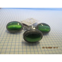 Комплект: серьги и кольцо 19 размеру 925 пробы с кошачьим глазом.