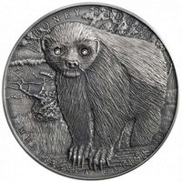 Ниуэ 2 доллара 2015г. "Храбрые животные: Медоед". Монета в капсуле; деревянном подарочном футляре; сертификат; коробка. СЕРЕБРО 62,20гр.(2 oz).