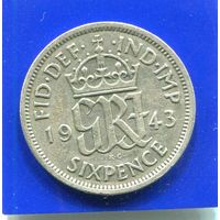 Великобритания 6 пенсов 1943 , серебро