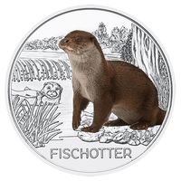 3 Евро Австрия 2019 год. 11-я из 12-ти монет Серия "Животные" Выдра/Fischotter/. Цветная светящаяся монета